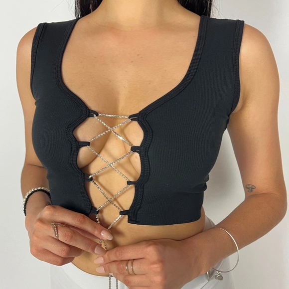 🖤3 LEFT Rhinestone crop Top🖤 - Picture 1 of 2
